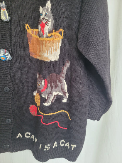 🔔 Purr & Jingle - vintage cardigan with cat images and buttons - size XL/XXL