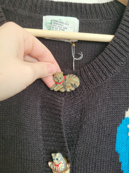 🔔 Purr & Jingle - vintage cardigan with cat images and buttons - size XL/XXL