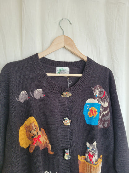🔔 Purr & Jingle - vintage cardigan with cat images and buttons - size XL/XXL
