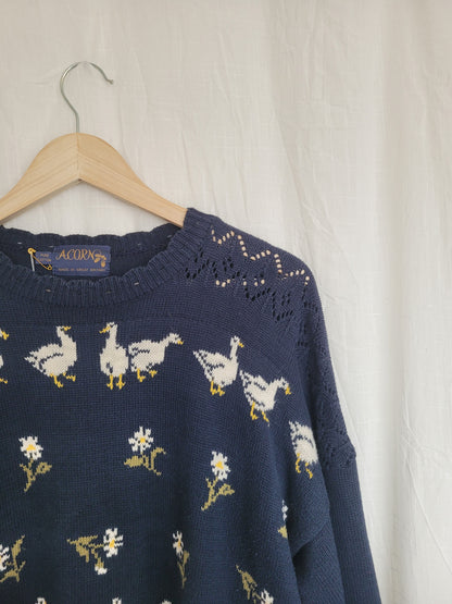 🪿 Meadow at Dusk - vintage knitted sweater with geese and flower patterns - size L/XL