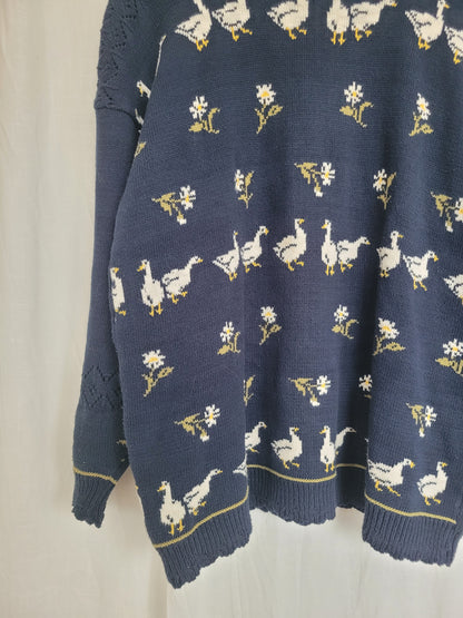 🪿 Meadow at Dusk - vintage knitted sweater with geese and flower patterns - size L/XL