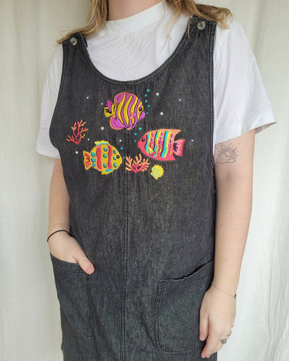 🐚 Under the Sea - vintage denim jumper dress with embroidered fish - size L/XL