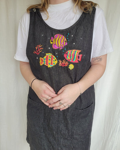 🐚 Under the Sea - vintage denim jumper dress with embroidered fish - size L/XL