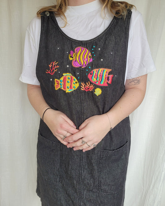 🐚 Under the Sea - vintage denim jumper dress with embroidered fish - size L/XL