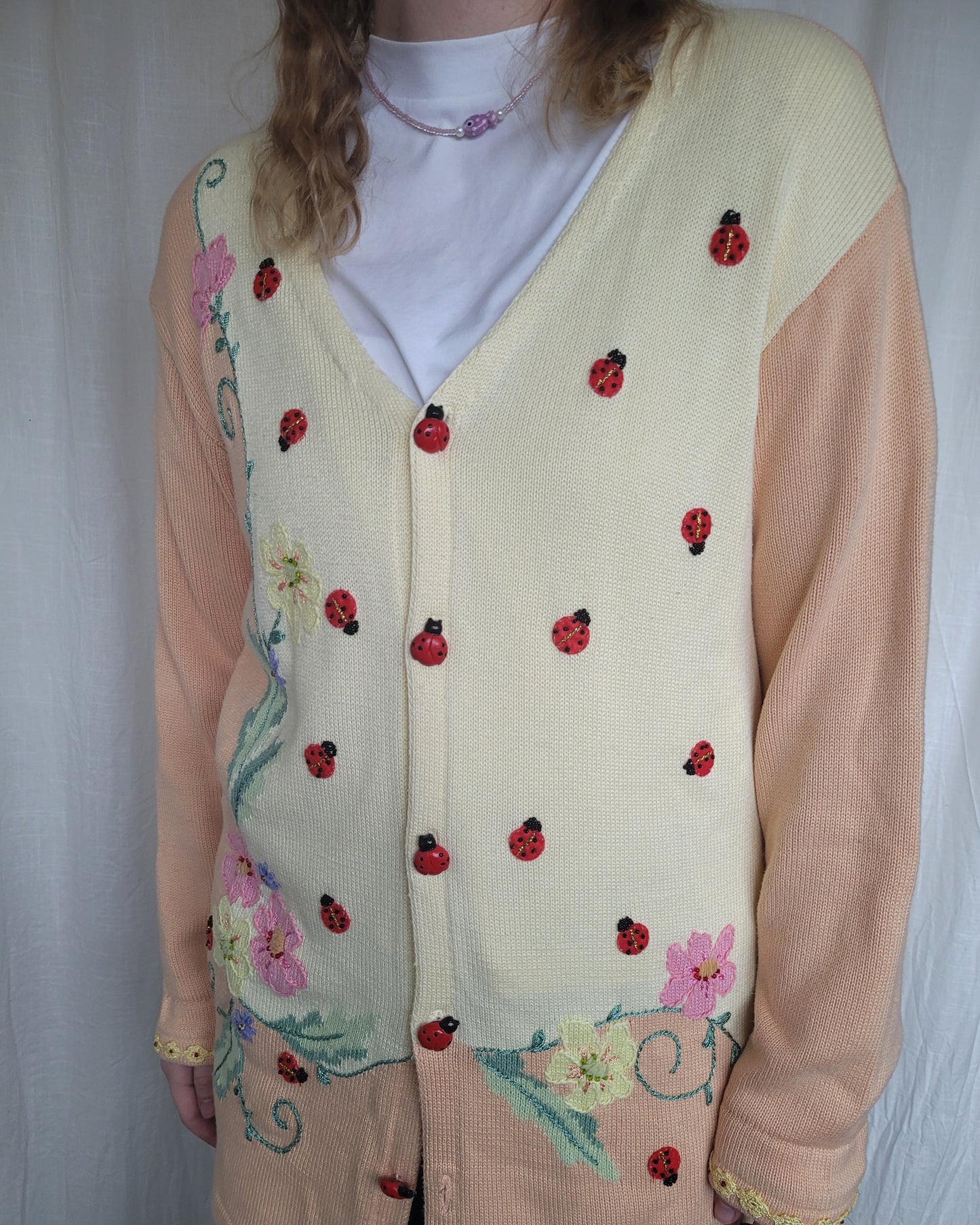 🌼 Ladybird Garden - vintage cardigan with ladybirds (Perfectly Imperfect) - size L
