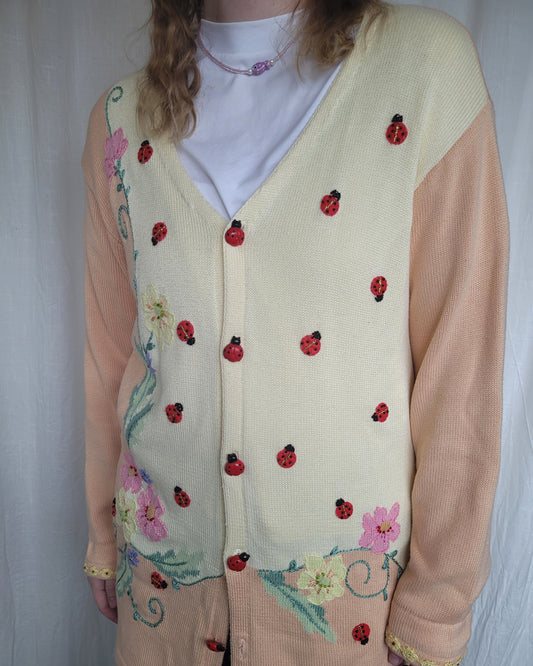 🌼 Ladybird Garden - vintage cardigan with ladybirds (Perfectly Imperfect) - size L
