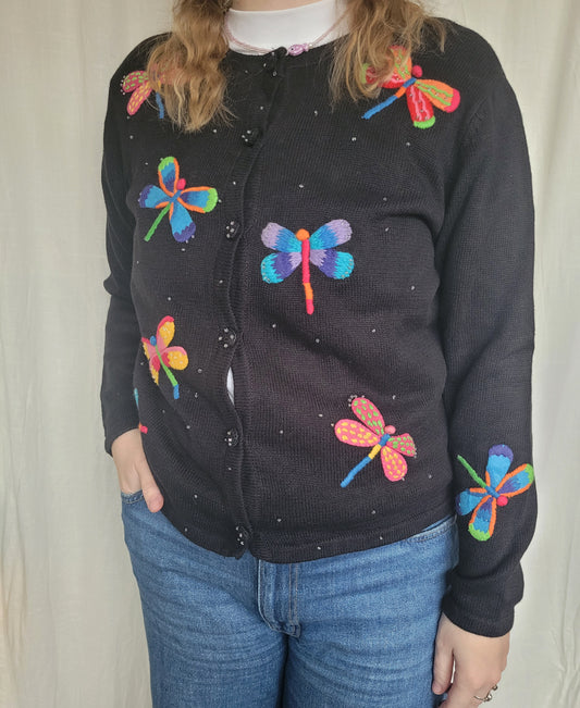 ✨ Midnight Dragonfly - vintage cardigan with colorful dragonflies - size M
