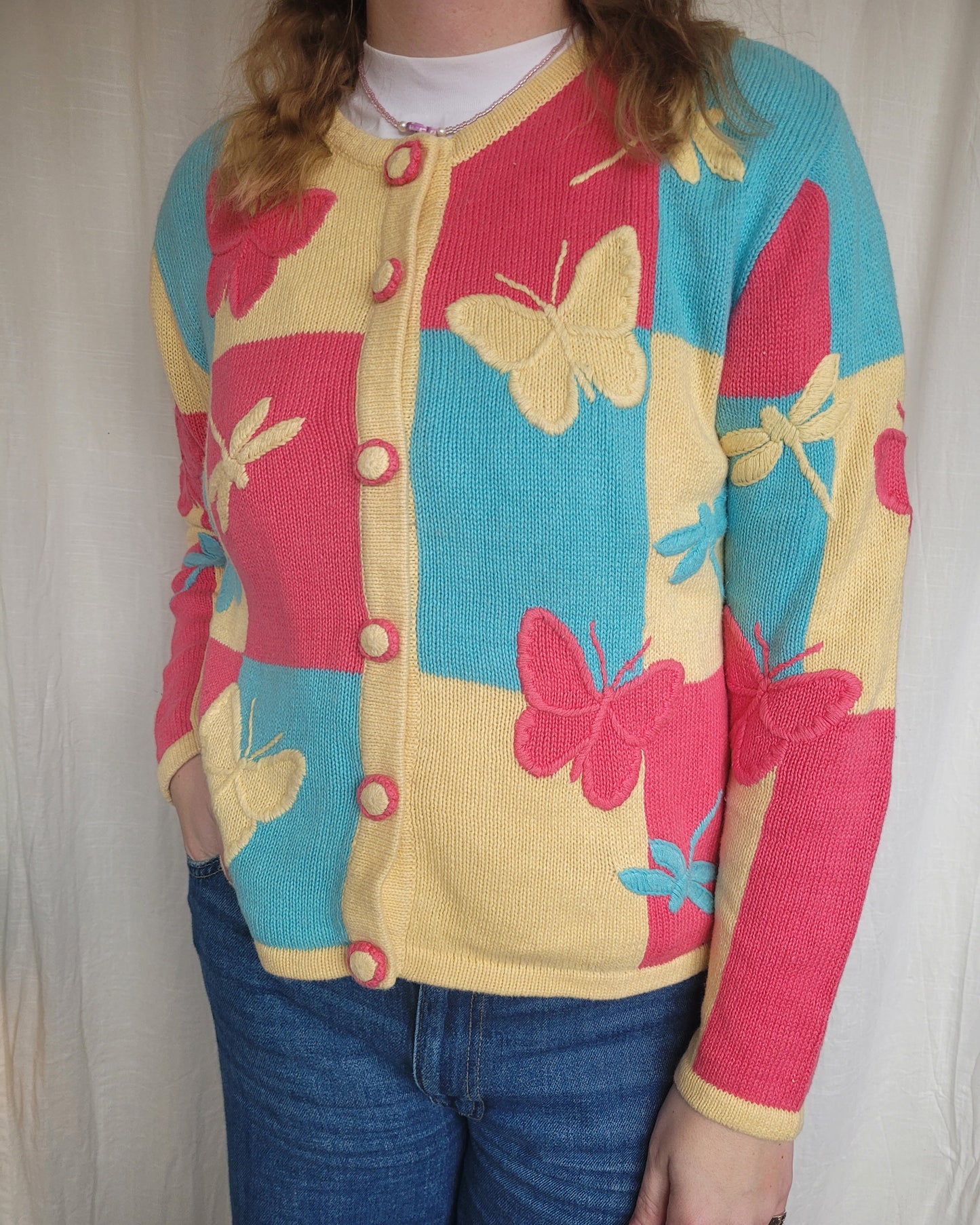 🦋 Multicolor Wings - vintage cardigan with butterfly and dragonfly images- size M