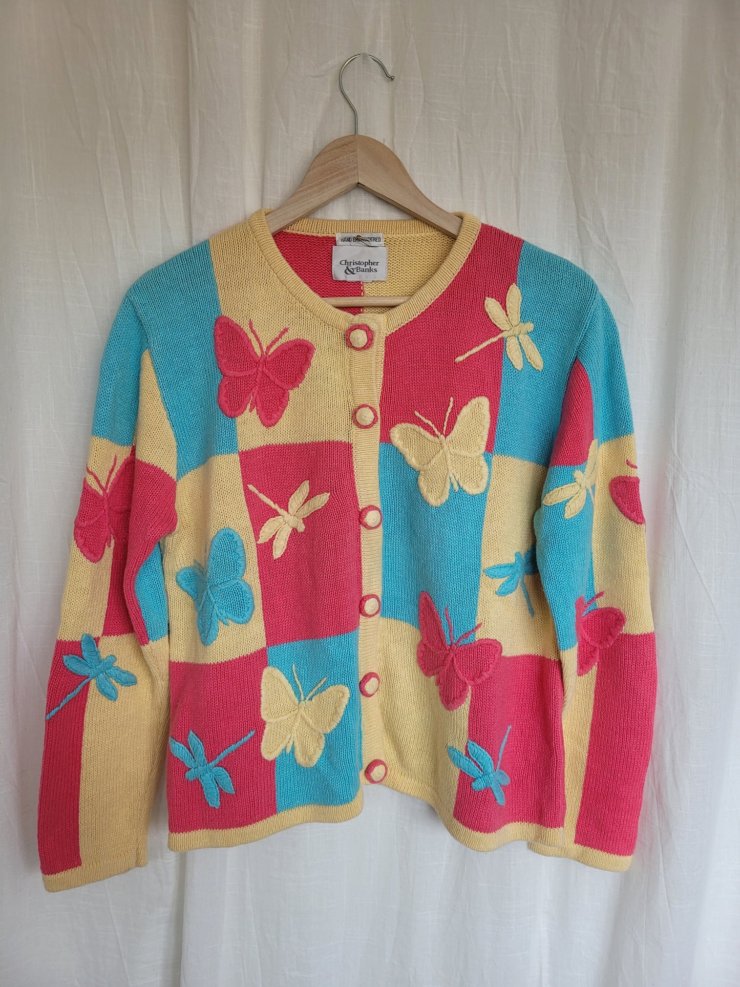🦋 Multicolor Wings - vintage cardigan with butterfly and dragonfly images- size M