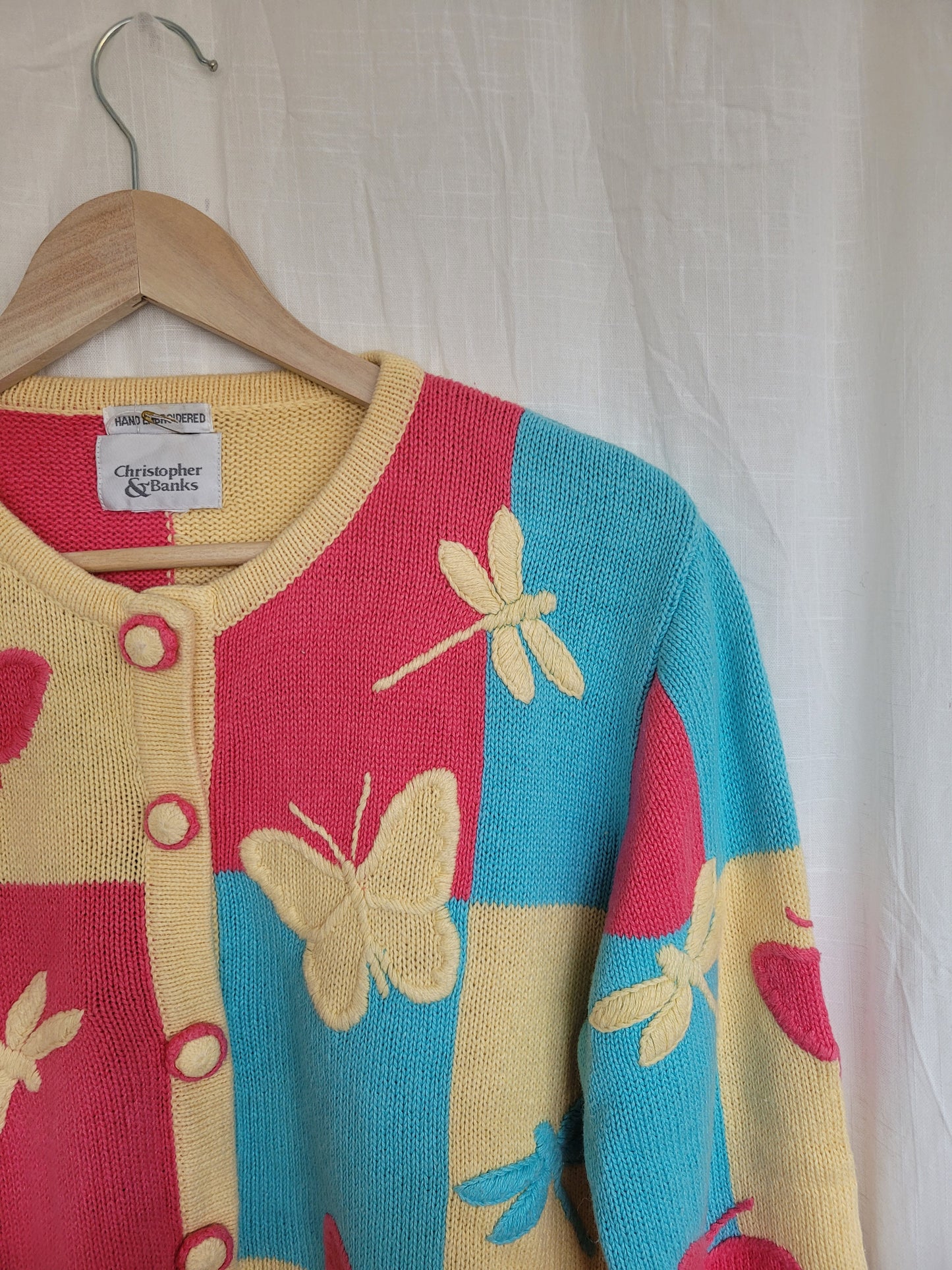 🦋 Multicolor Wings - vintage cardigan with butterfly and dragonfly images- size M