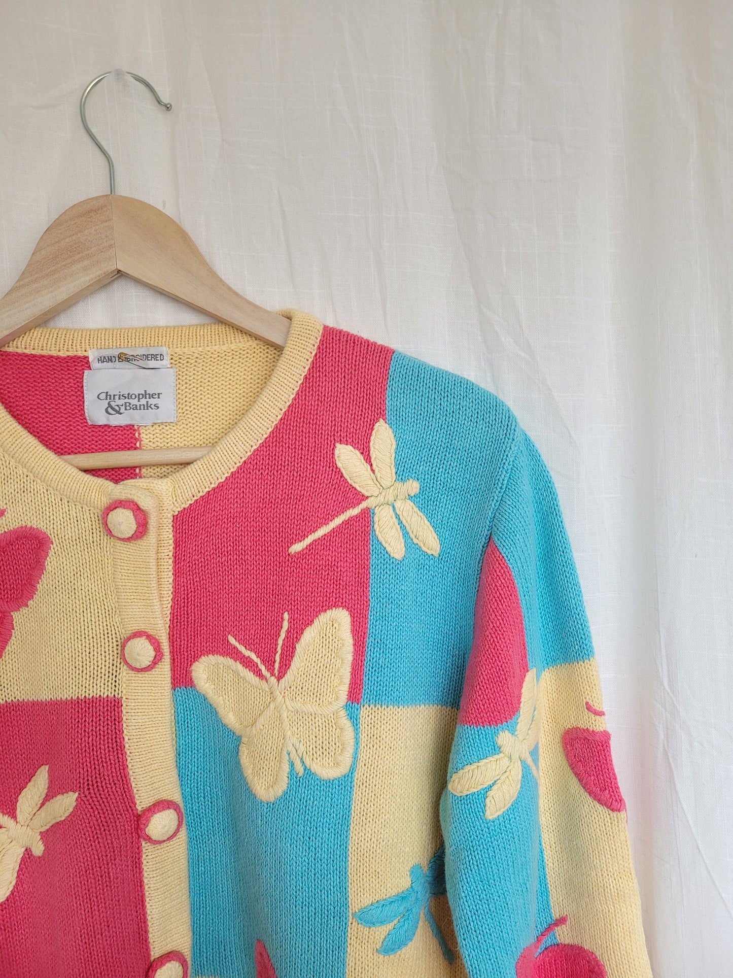 🦋 Multicolor Wings - vintage cardigan with butterfly and dragonfly images- size M