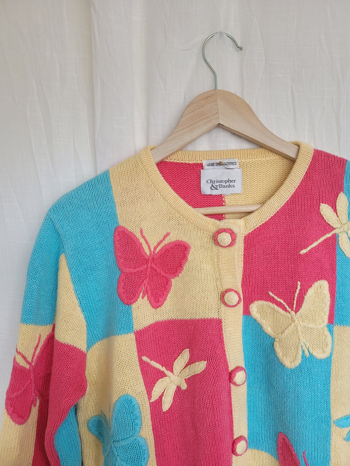 🦋 Multicolor Wings - vintage cardigan with butterfly and dragonfly images- size M