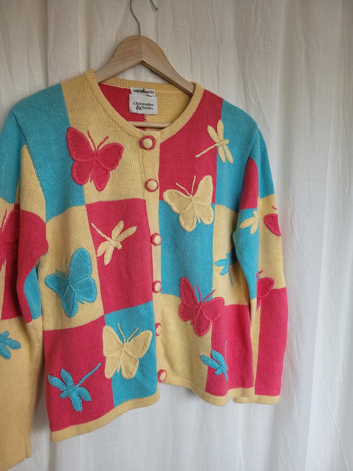 🦋 Multicolor Wings - vintage cardigan with butterfly and dragonfly images- size M