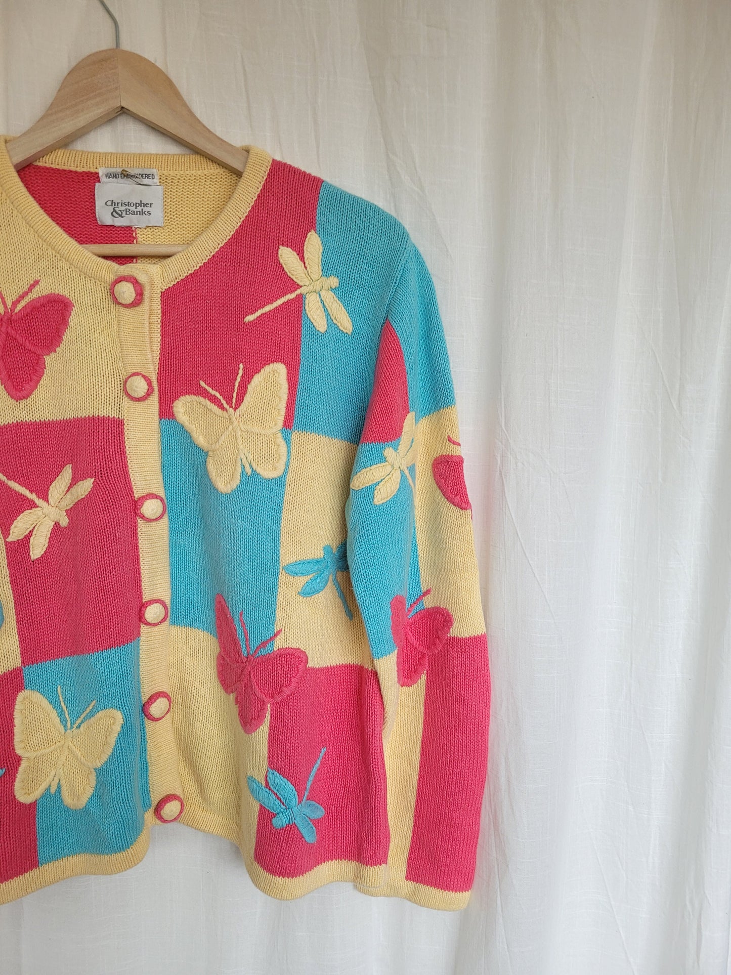🦋 Multicolor Wings - vintage cardigan with butterfly and dragonfly images- size M