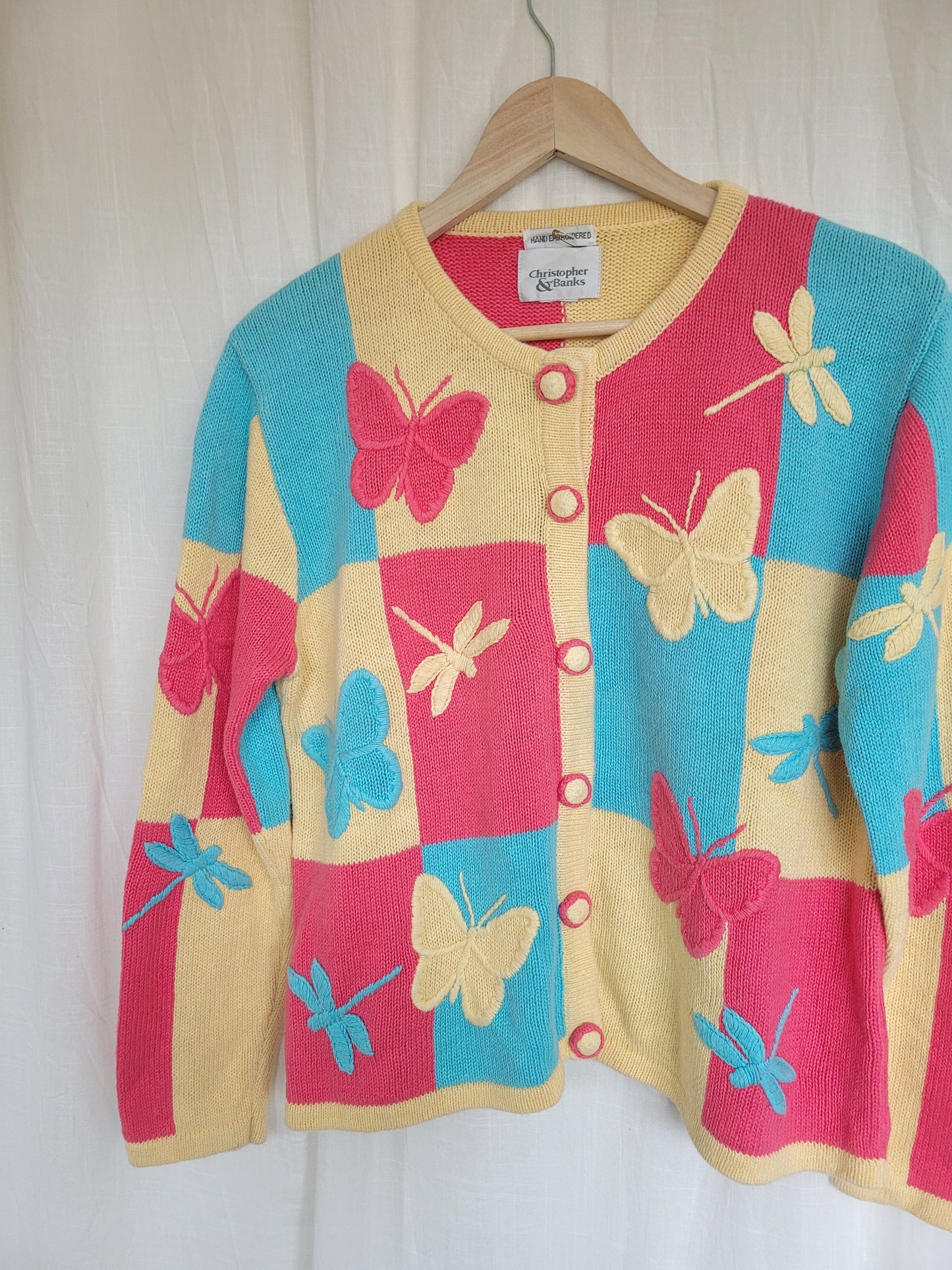 🦋 Multicolor Wings - vintage cardigan with butterfly and dragonfly images- size M