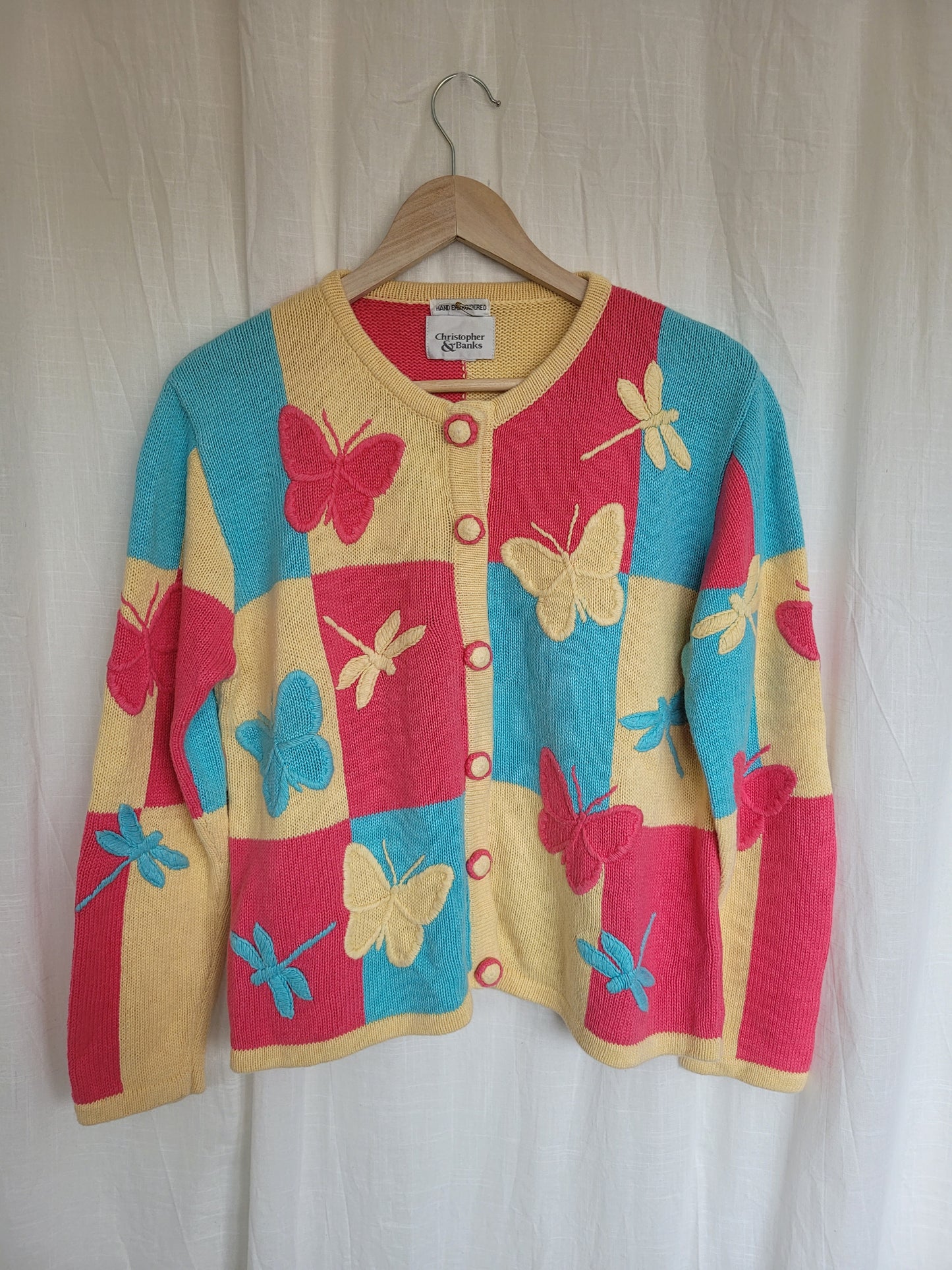 🦋 Multicolor Wings - vintage cardigan with butterfly and dragonfly images- size M