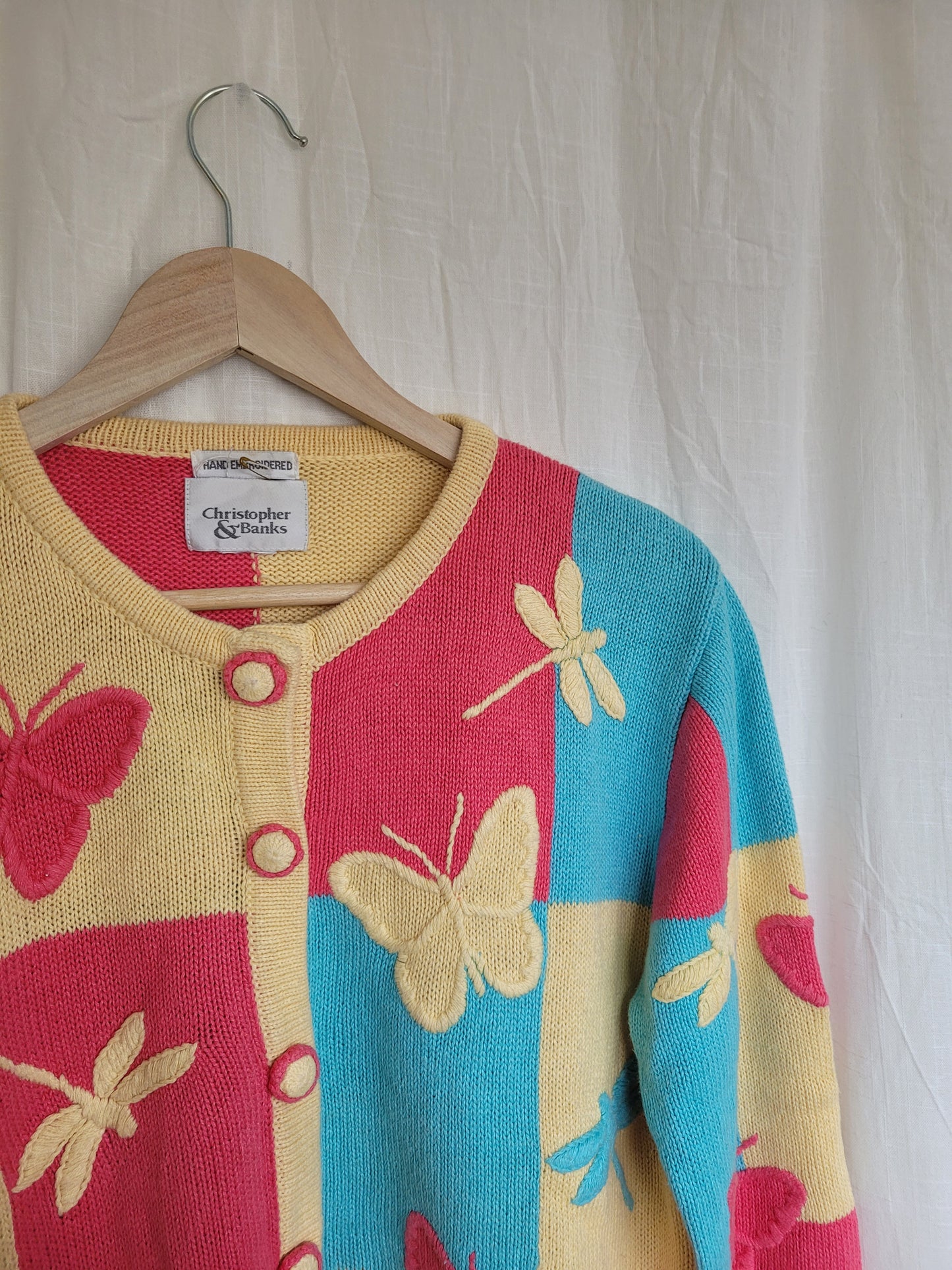 🦋 Multicolor Wings - vintage cardigan with butterfly and dragonfly images- size M