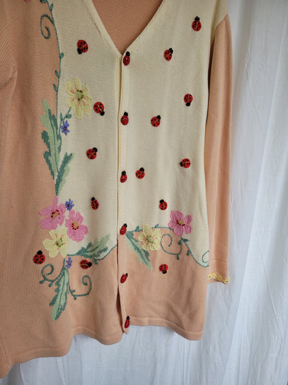 🌼 Ladybird Garden - vintage cardigan with ladybirds (Perfectly Imperfect) - size L
