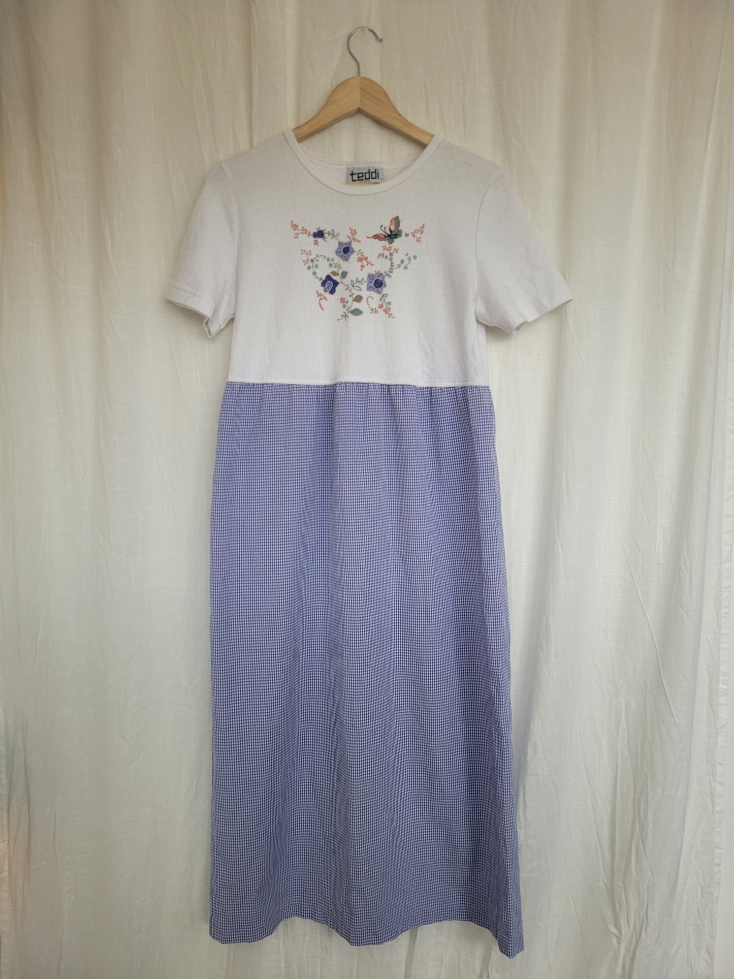 🌸 Blue Meadow - vintage dress with butterfly image and gingham skirt - size S/M
