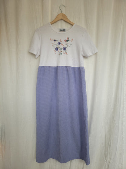 🌸 Blue Meadow - vintage dress with butterfly image and gingham skirt - size S/M