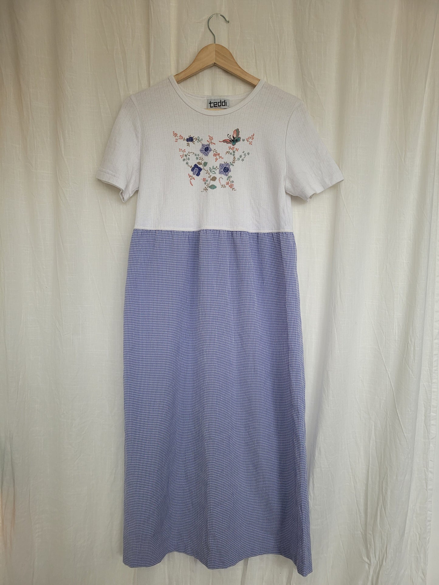 🌸 Blue Meadow - vintage dress with butterfly image and gingham skirt - size S/M