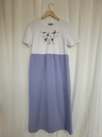 🌸 Blue Meadow - vintage dress with butterfly image and gingham skirt - size S/M