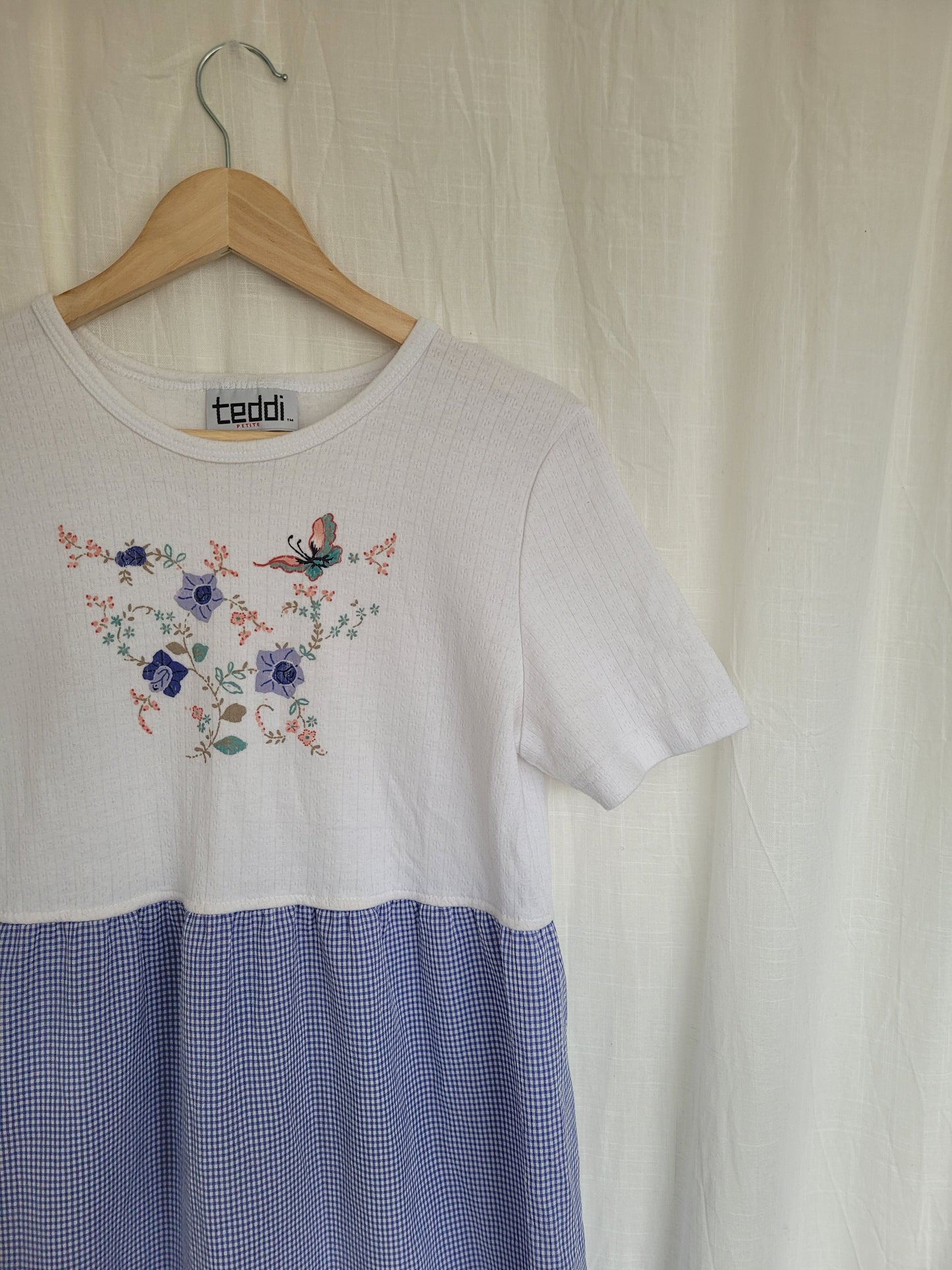 🌸 Blue Meadow - vintage dress with butterfly image and gingham skirt - size S/M