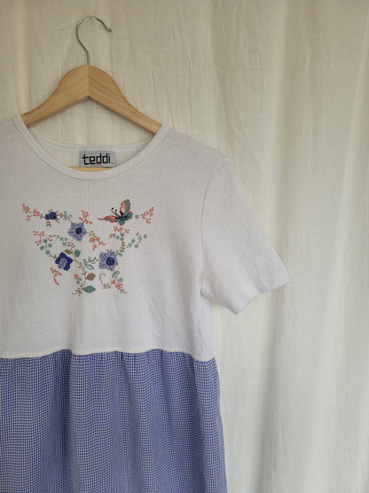 🌸 Blue Meadow - vintage dress with butterfly image and gingham skirt - size S/M