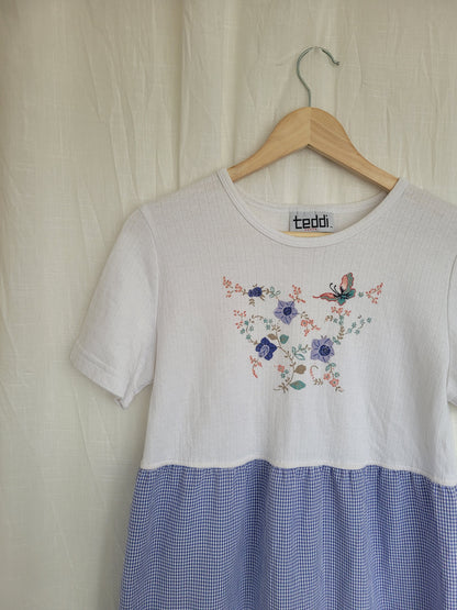 🌸 Blue Meadow - vintage dress with butterfly image and gingham skirt - size S/M