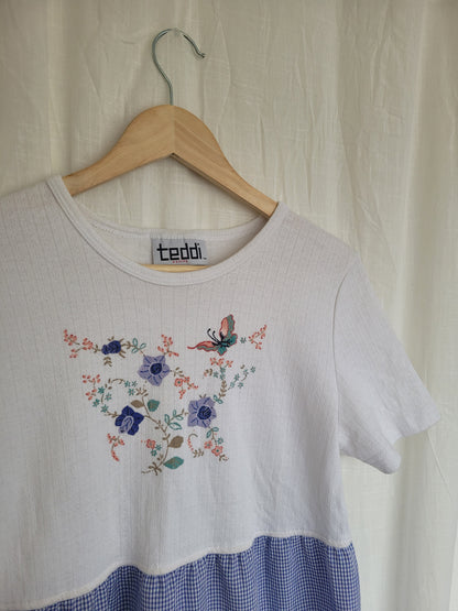 🌸 Blue Meadow - vintage dress with butterfly image and gingham skirt - size S/M