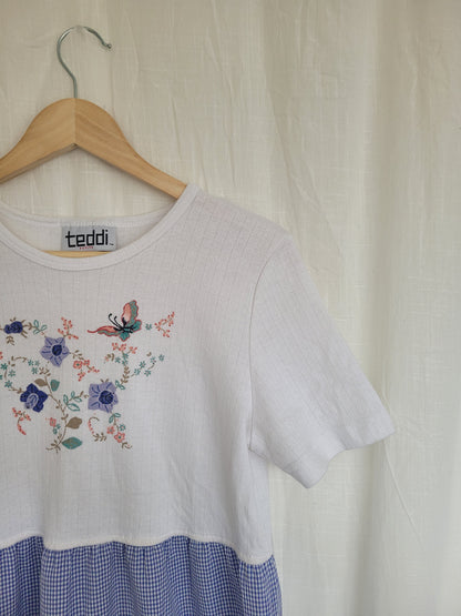 🌸 Blue Meadow - vintage dress with butterfly image and gingham skirt - size S/M