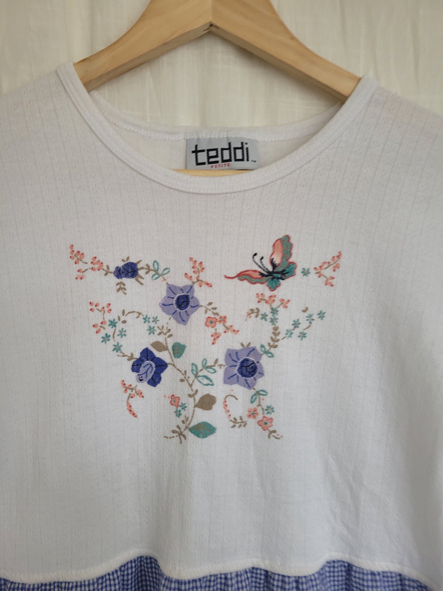 🌸 Blue Meadow - vintage dress with butterfly image and gingham skirt - size S/M