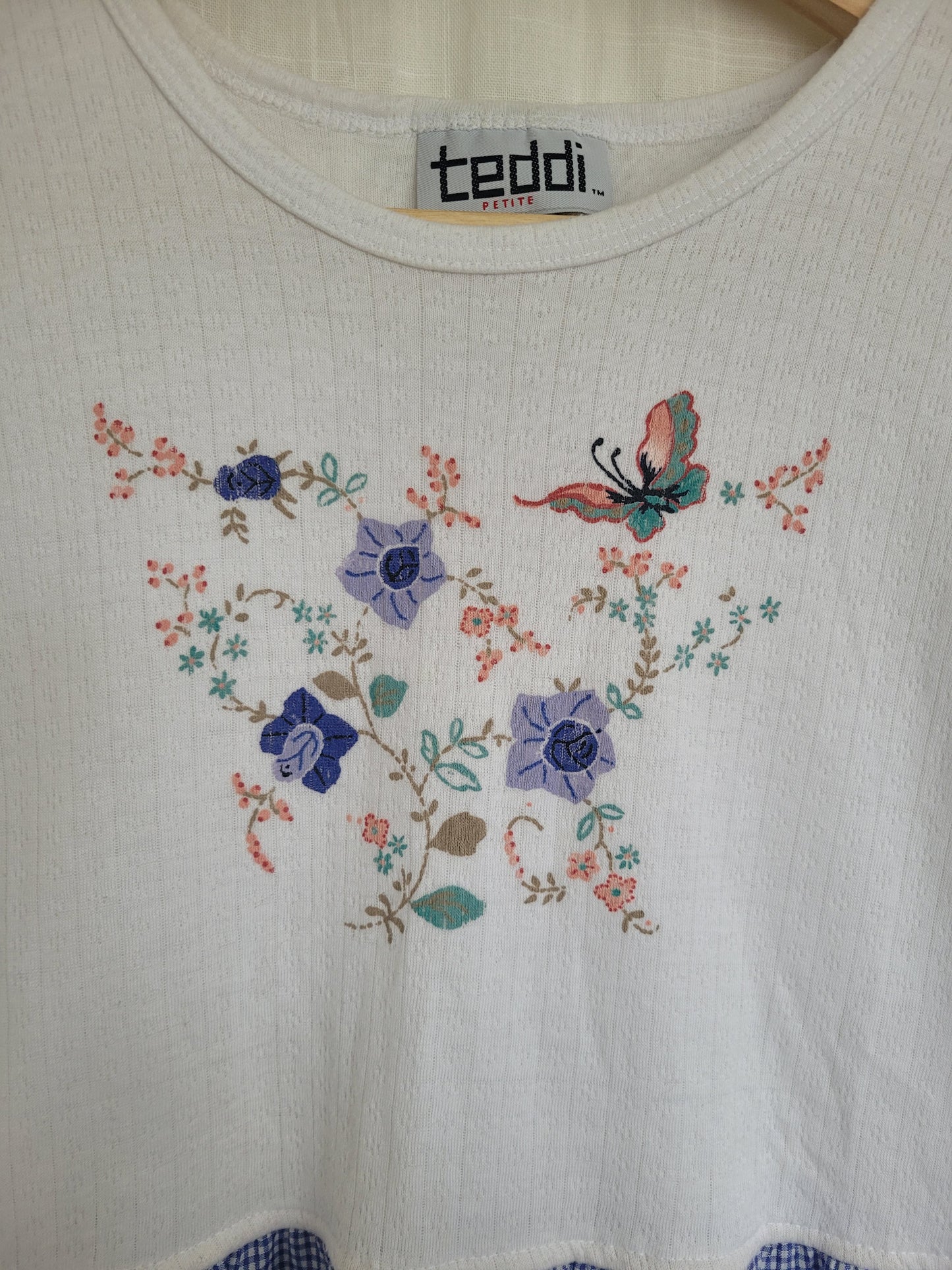 🌸 Blue Meadow - vintage dress with butterfly image and gingham skirt - size S/M