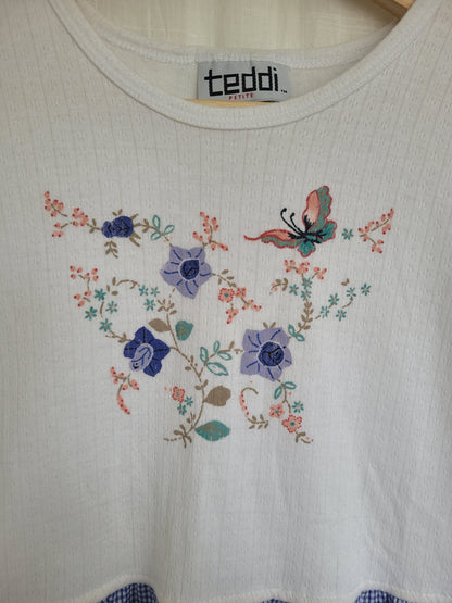 🌸 Blue Meadow - vintage dress with butterfly image and gingham skirt - size S/M