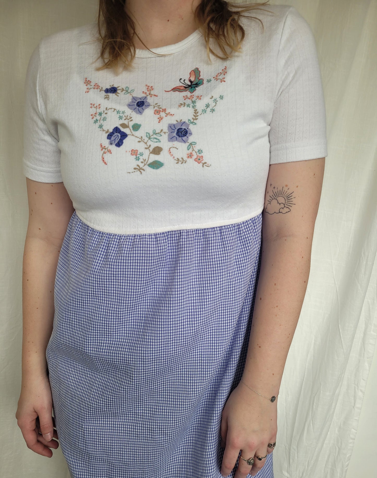 🌸 Blue Meadow - vintage dress with butterfly image and gingham skirt - size S/M