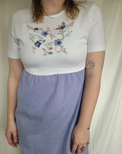 🌸 Blue Meadow - vintage dress with butterfly image and gingham skirt - size S/M