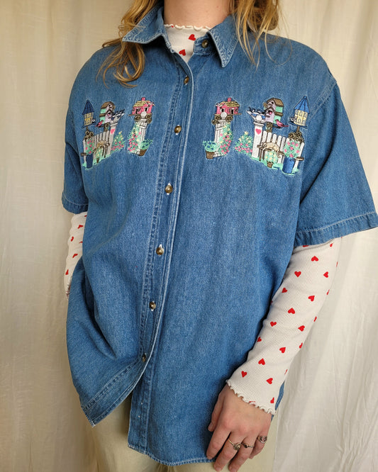 🌼 Lazy Garden Afternoon - vintage denim shirt with embroidered garden details - size XL