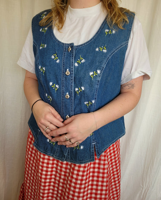 🤍 Alpine Garden - vintage denim vest with embroidered flowers - size XL