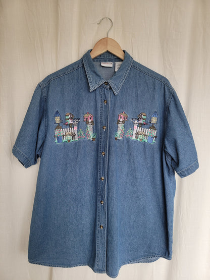 🌼 Lazy Garden Afternoon - vintage denim shirt with embroidered garden details - size XL