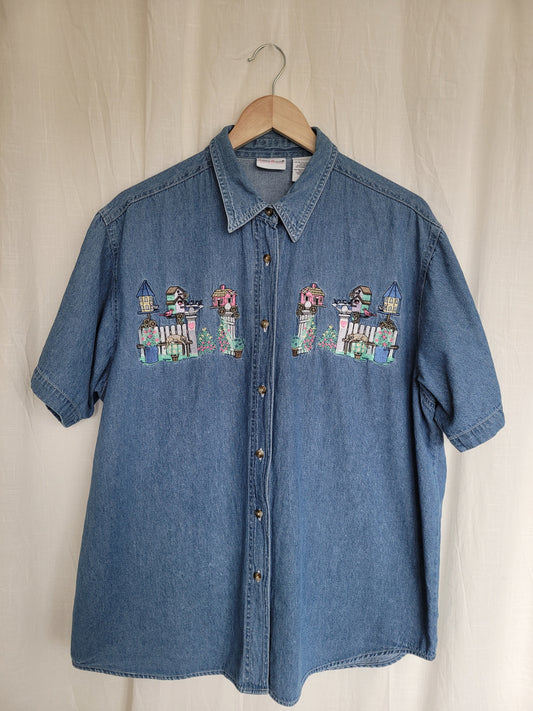🌼 Lazy Garden Afternoon - vintage denim shirt with embroidered garden details - size XL