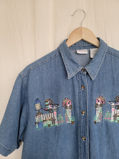 🌼 Lazy Garden Afternoon - vintage denim shirt with embroidered garden details - size XL