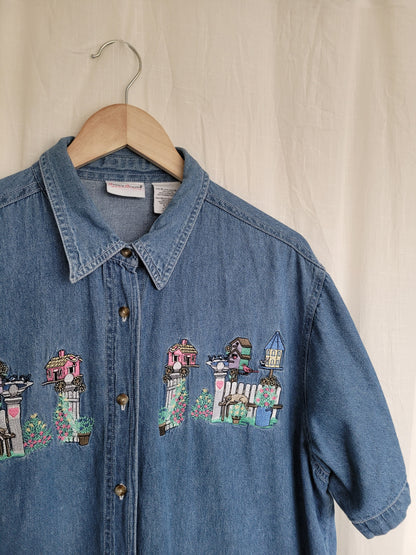 🌼 Lazy Garden Afternoon - vintage denim shirt with embroidered garden details - size XL