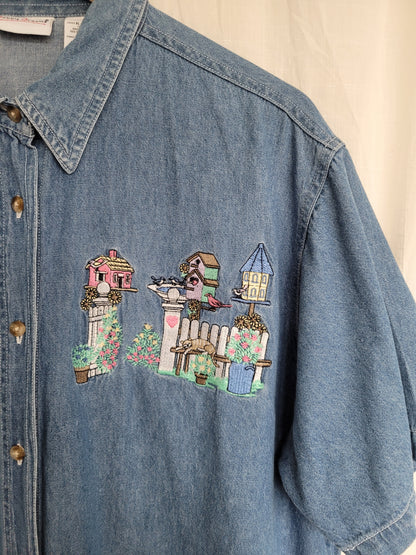 🌼 Lazy Garden Afternoon - vintage denim shirt with embroidered garden details - size XL