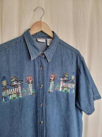 🌼 Lazy Garden Afternoon - vintage denim shirt with embroidered garden details - size XL