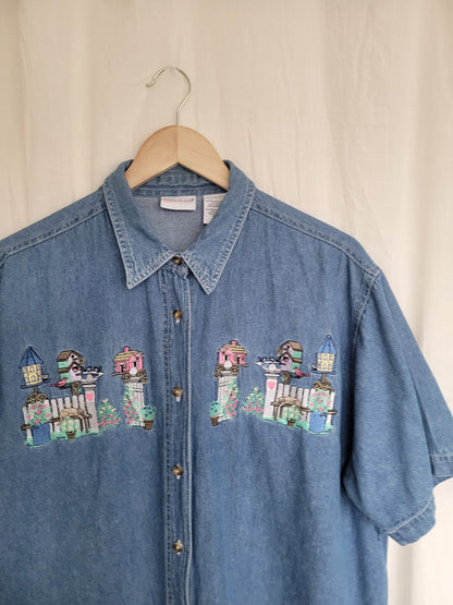 🌼 Lazy Garden Afternoon - vintage denim shirt with embroidered garden details - size XL