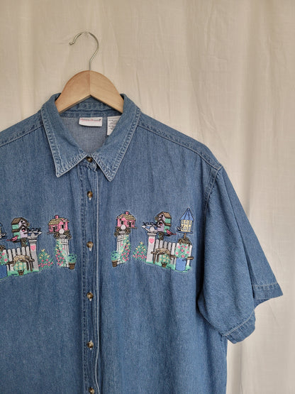 🌼 Lazy Garden Afternoon - vintage denim shirt with embroidered garden details - size XL