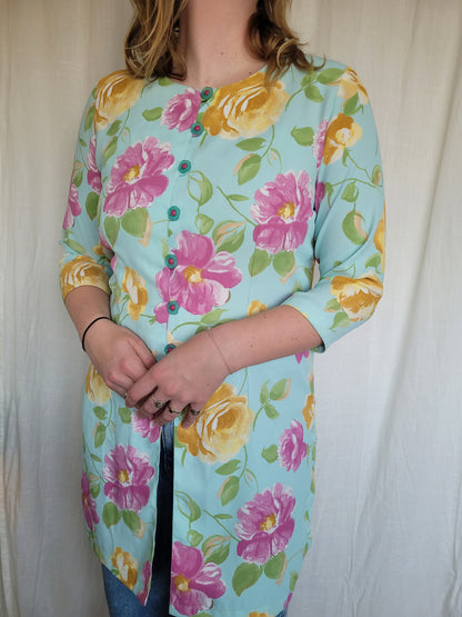 💙 Pastel Garden - vintage shirt with flower patterns and buttons (Perfectly Imperfect) - size L