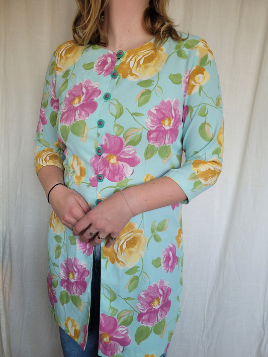 💙 Pastel Garden - vintage shirt with flower patterns and buttons (Perfectly Imperfect) - size L