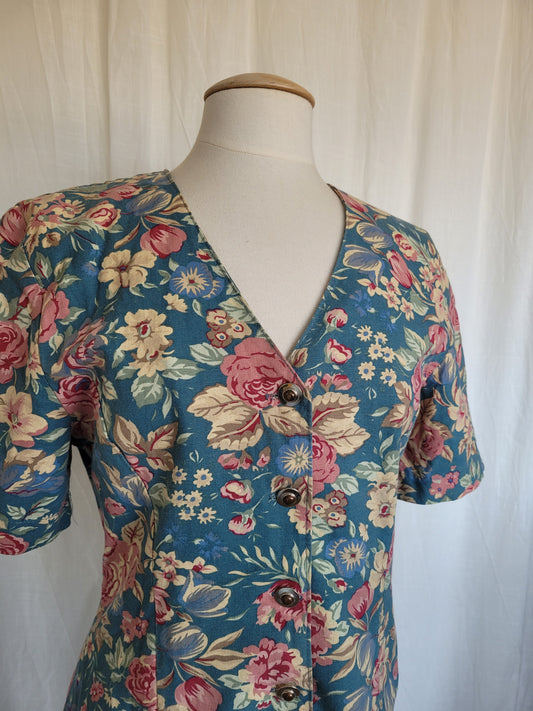 🌼 Spring Sky - vintage blue dress with flower pattern - size S