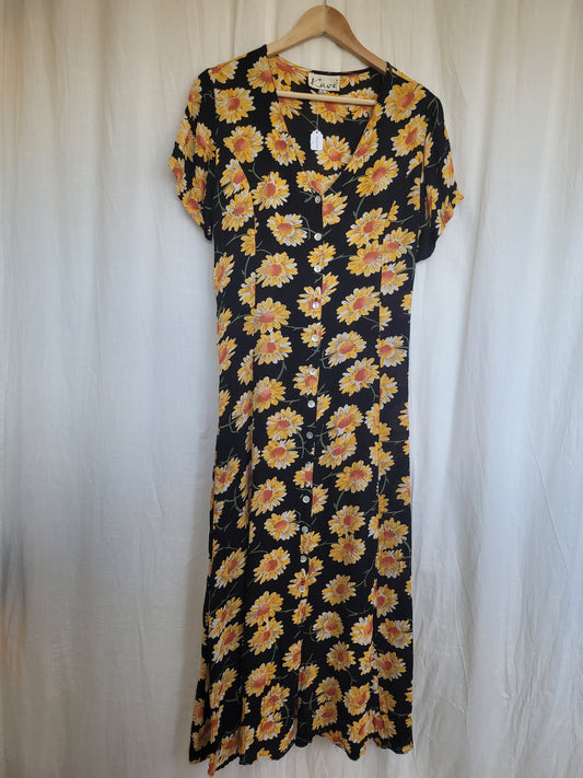 🖤 The Evening Garden - vintage long black dress with yellow flowerprint - size M/L